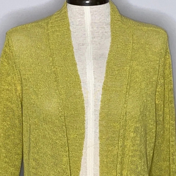 Eileen Fisher Linen Blend 3/4 Sleeve Open Knit Cardigan in Chartreuse - Small - Picture 2 of 6